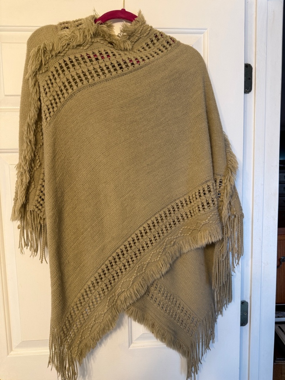 Fringed Knit Poncho Sweater in Khaki